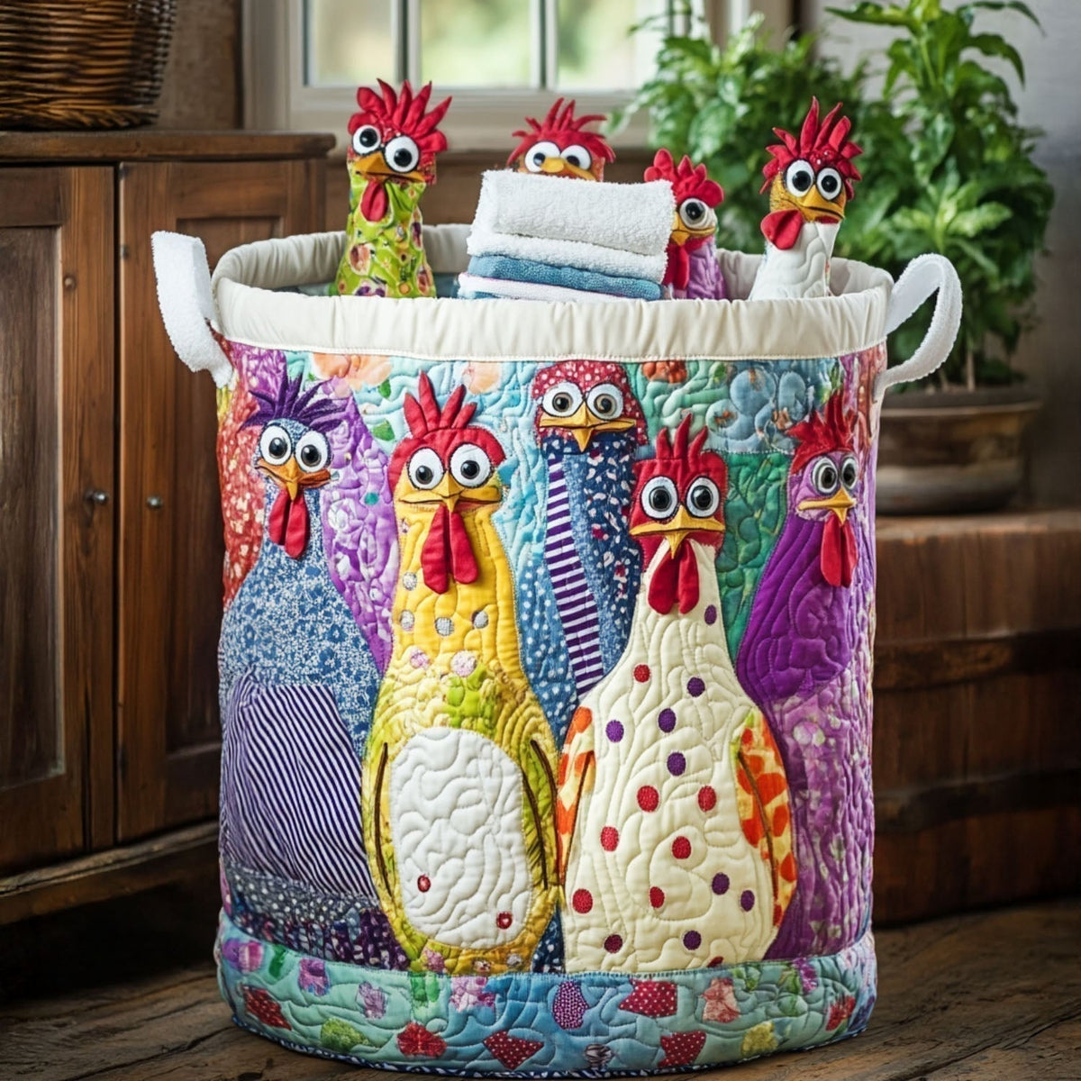 Clara, cesto acolchado con motivo de gallinas elegantes